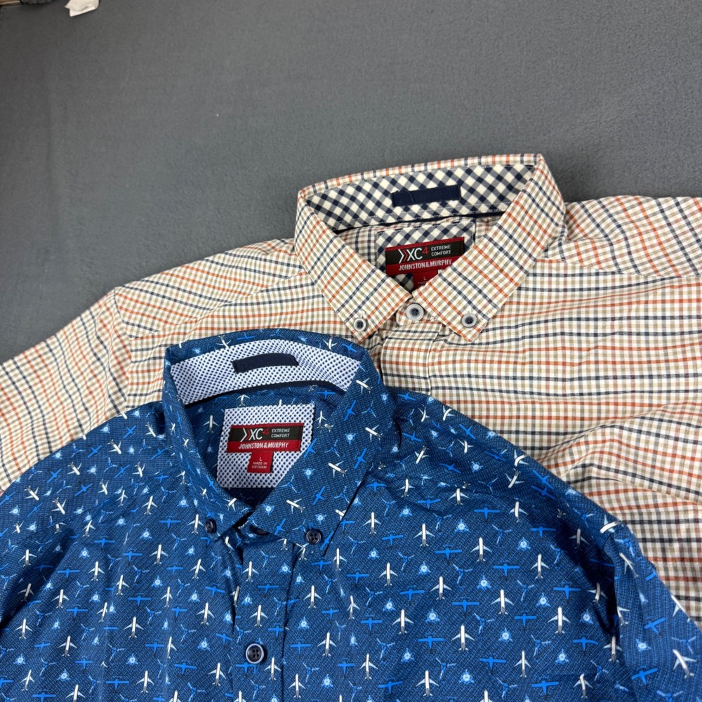 Johnston & Murphy XC4 Shirt Men's L Blue Orange Plaid Airplane Stretch Dress (2)